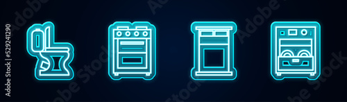 Set line Toilet bowl, Oven, Big bed and Kitchen dishwasher machine. Glowing neon icon. Vector