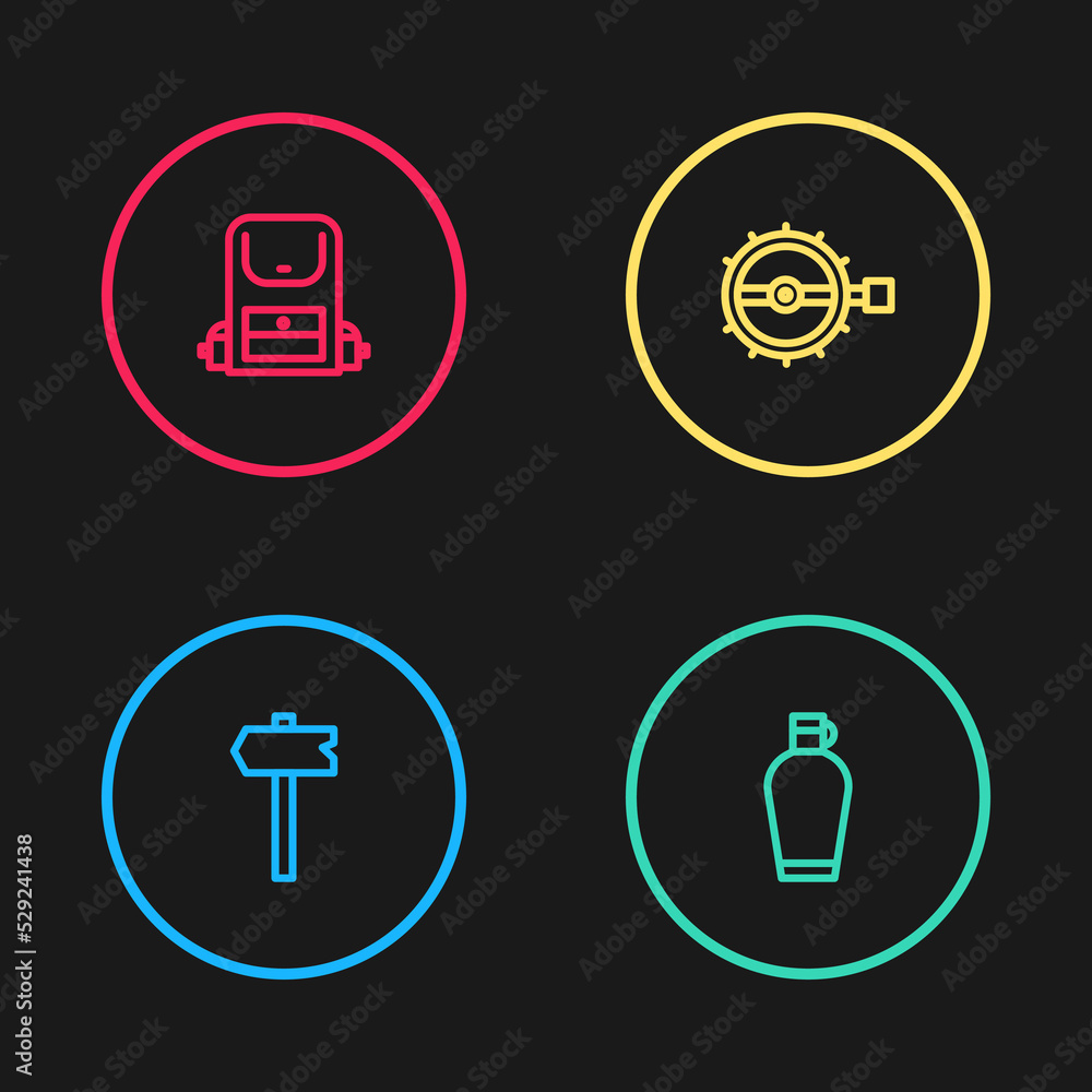 Set line Road traffic sign, Canteen water bottle, Trap hunting and Hiking backpack icon. Vector Set line Road traffic sign, Canteen water bottle, Trap hunting and Hiking backpack icon. Vector