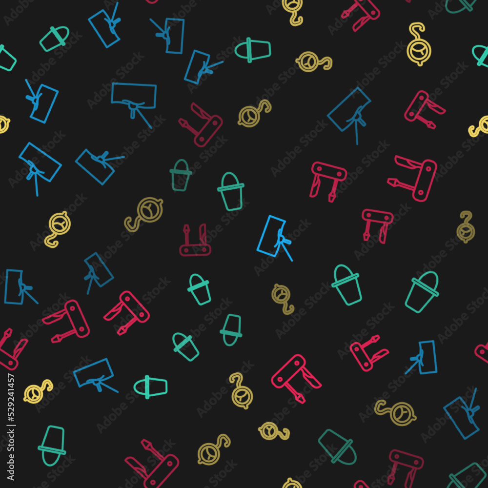 Set line Fishing float in water, bucket, Spring scale and Swiss army knife on seamless pattern. Vector Set line Fishing float in water, bucket, Spring scale and Swiss army knife on seamless pattern. Vector