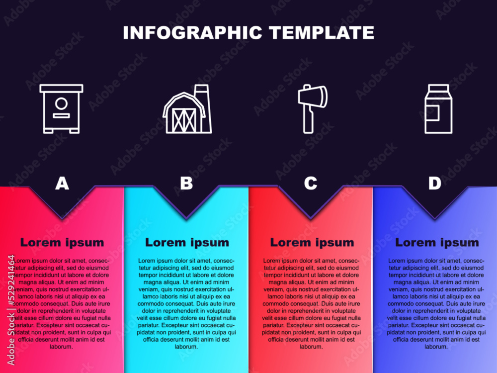 Set line Hive for bees, Farm house, Wooden axe and Paper package milk. Business infographic template. Vector Set line Hive for bees, Farm house, Wooden axe and Paper package milk. Business infographic template. Vector