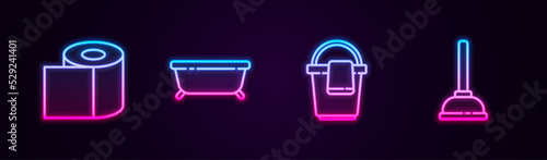 Set line Toilet paper roll, Bathtub, Bucket with rag and Rubber plunger. Glowing neon icon. Vector