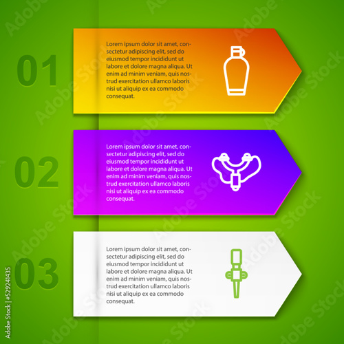 Set line Canteen water bottle, Slingshot, Torch flame and Tourist tent. Business infographic template. Vector