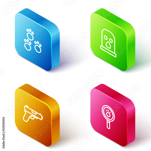 Set Isometric line Paw print, Balaclava, Pistol or gun and search icon. Vector