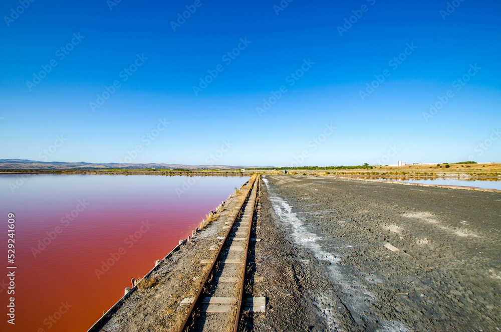 Lake Atanasovsko, Burgas, Bulgaria - Extraction of sea salt and lye. Selective focus.