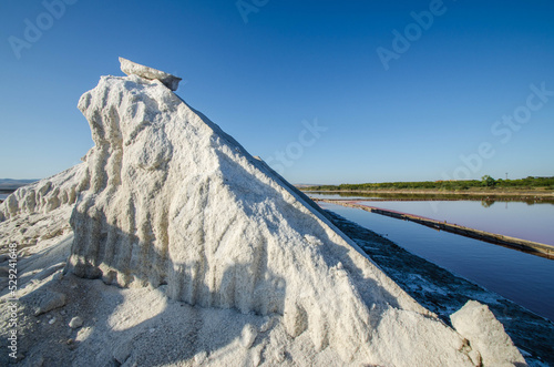 Lake Atanasovsko, Burgas, Bulgaria - Extraction of sea salt and lye. Selective focus. photo