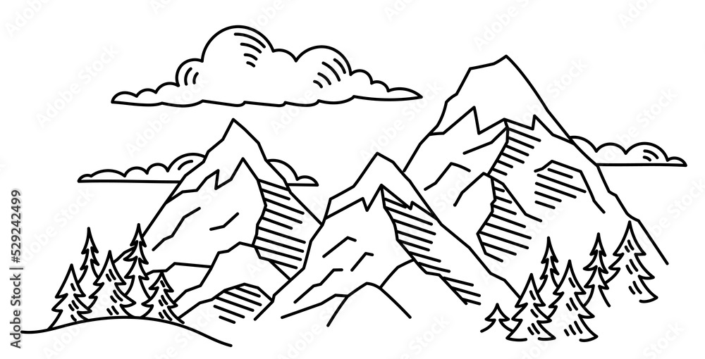 Fototapeta premium Mountain landscape. Line sketch. Vector illustration. Editable outline stroke thickness.