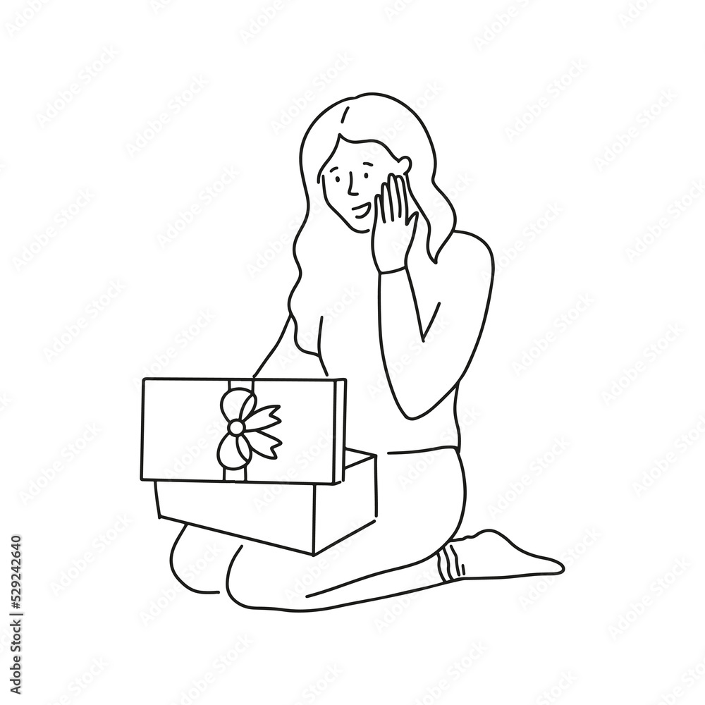 Happy woman open presents on Christmas Eve. Smiling woman feel joyful unpacking gift boxes for New Year. Winter holidays. Vector illustration. Happy woman open presents on Christmas Eve. Smiling woman feel joyful unpacking gift boxes for New Year. Winter holidays. Vector illustration.