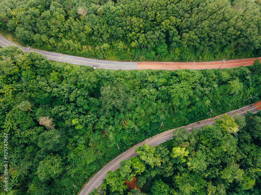 Fototapeta premium Aerial image winding mountain pass road through the forest - Travel Concept