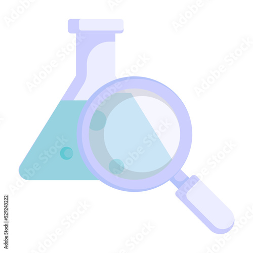 Mixing  titration flask vector color icon design, Biochemistry symbol, Biotechnology and Biochemical Sign, Science and engineering stock illustration, Erlenmeyer flask with magnifier Concept
