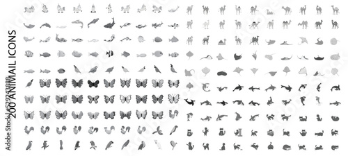 200 animal icons set. Cartoon illustration of 100 animal icons vector set isolated on white background