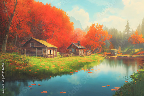 3D render digital painting of cabin near a river in the redwood forest