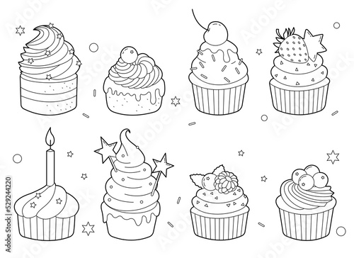 Set of eight outline cupcakes with cream and strawberry. Black and white illustration for kids coloring book, design elements