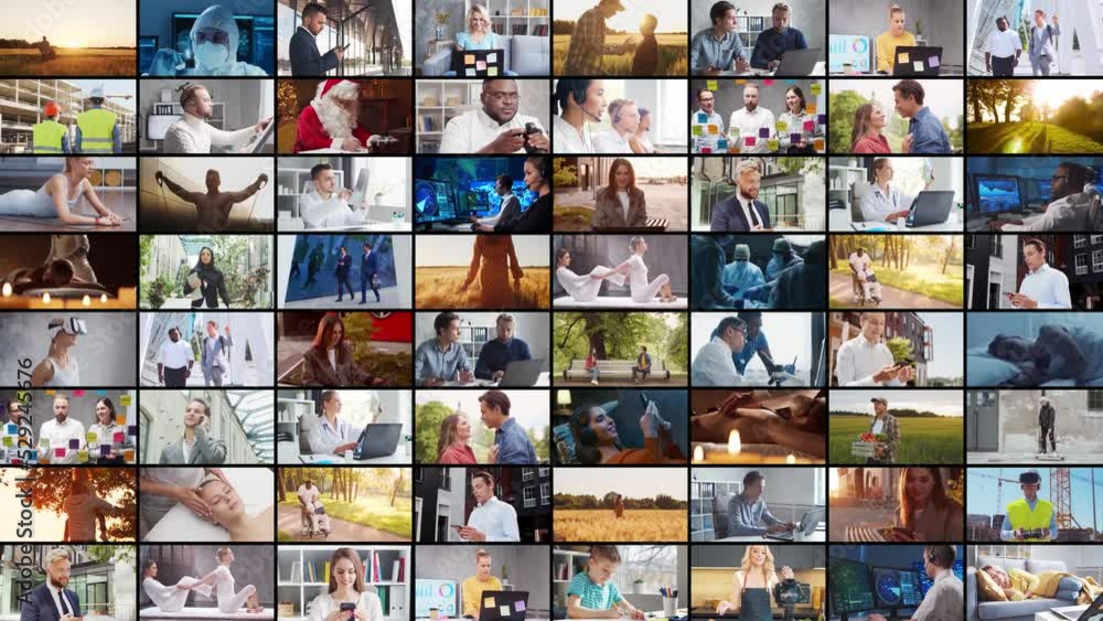 Collage with many different people in a variety of activities, jobs, businesses, studies and hobbies. Set collection of many video clips. Multi-ethnic equality, friendship and humanity concept. Collage with many different people in a variety of activities, jobs, businesses, studies and hobbies. Set collection of many video clips. Multi-ethnic equality, friendship and humanity concept.