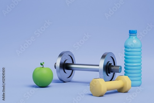 active sports. barbell, dumbbell, shaker for water and protein shakes, apple. 3d render