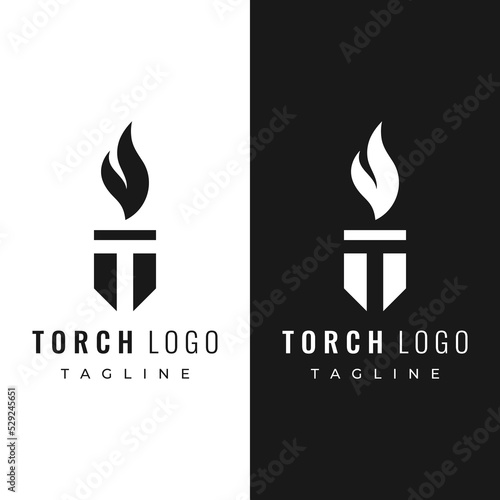 Minimalist liberty torch Logo template design. Torch with simple shape. Elegant letter T, fire and pillar.