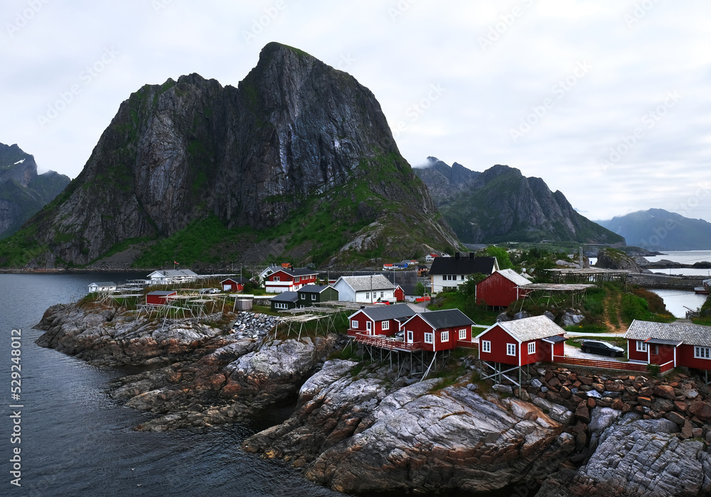 Scandinavian landscape: The picturesque fishing village of Reine in the Lofoten Islands, Norway.