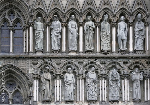 Detail of sculptures featured on the facade of the Nidaros Cathedral, Trondheim, Norway.