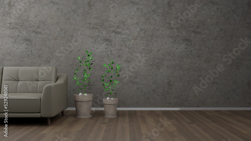 Simple and Cozy Minimalist Living Room Interior Design Concept, Sofa, Grungy Wall Background With Green Plants, Wooden Floor Texture 3D Render Spacious Room © lumerb