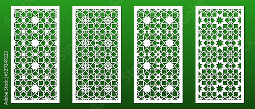 Laser cut panel, geometric islamic pattern. CNC cutting, wall art, home interior decor, room privacy screen. Paper art, card background. Arabic ornament. Vector illustration