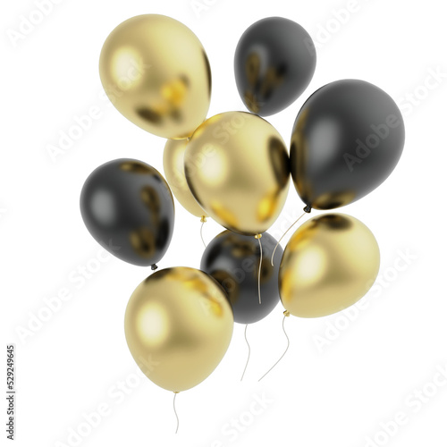 many gold and black balloons
