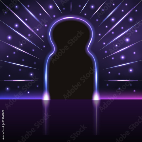 Neon portal gate  glowing light effect  blue and purple laser beams and sparkles. Podium stage  futuristic techo design  synthwave style. Vector illustration