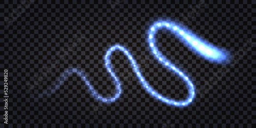 Glowing light swirl, blue neon spiral trail with laser light effect, thunder bolt and shiny sparks. Flying dynamic  trail, isolated transparent on dark background. vector illustration