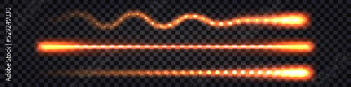 Glowing laser beam, fiery light effect. Electric thunder bolt, fire wave swirl and  ray line, flash shock and trails, sparkls, impulse glow.Isolated transparent design element, vector illustration