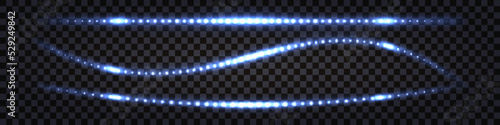 Blue laser neon beams, glowing light effect. Electric impulse, shiny sparks, ray  line, thunder bolt streaks,  isolated luminos border; on dark transparent background. Vector illustration