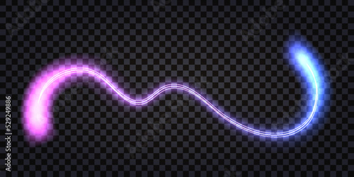 Neon laser wave swirl, glowing light effect, blue and purple trail. Shiny electric thunder bolt, flash shock.  Cyber futuristic synthwave, abstract transparent twirl isolated. Vector illustration