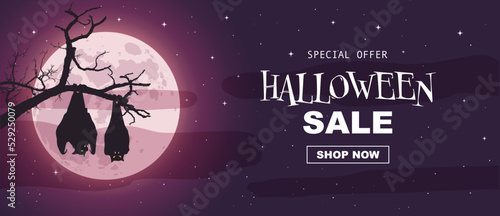 Obraz na plátně Halloween promo sale banner, bat, crooked branch, Full moon, thick fog, clouds