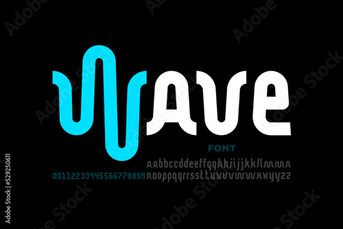 Sound waves style font design, alphabet letters and numbers vector illustration
