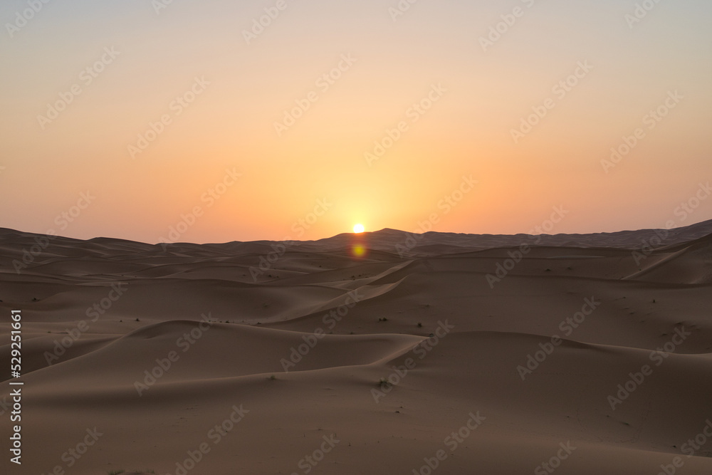 Dunes in the Sahara desert at sunrise, the desert near the town of Merzouga, a beautiful African landscape Dunes in the Sahara desert at sunrise, the desert near the town of Merzouga, a beautiful African landscape
