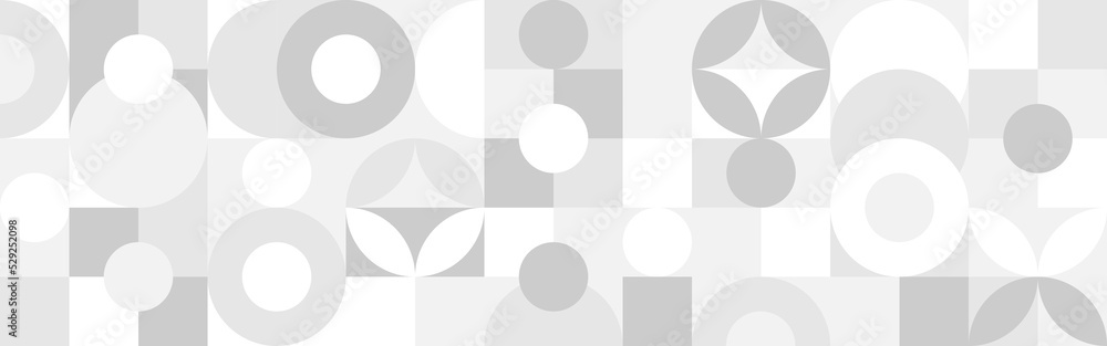 Trendy vector abstract geometric background with circles in Scandinavian retro style, seamless cover. Graphic pattern of simple shapes in gray tones, abstract white mosaic.