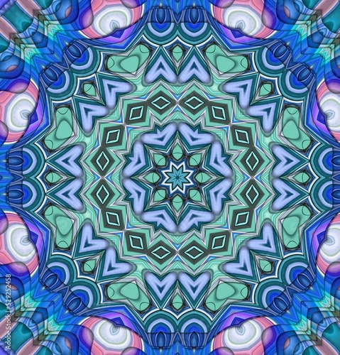 Beautiful ornament design of frozen water clumping and blooming crystal blue color. Kaleidoscope concept and seamless pattern. Great for businesses  websites and art collectors