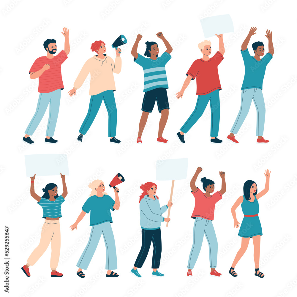 Set of diverse angry people with placard, banner, megaphone with raised up hands for protest. Activists men and women on parade, picket, demonstration or strike. Isolated flat vector illustration Set of diverse angry people with placard, banner, megaphone with raised up hands for protest. Activists men and women on parade, picket, demonstration or strike. Isolated flat vector illustration