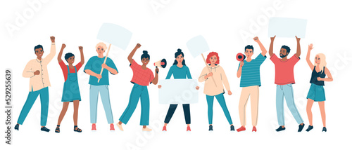 Group of diverse people protesting with placard, banner, megaphone. Angry men and women on picket or strike. Activists, peaceful rights demonstration, manifestation. Isolated flat vector illustration