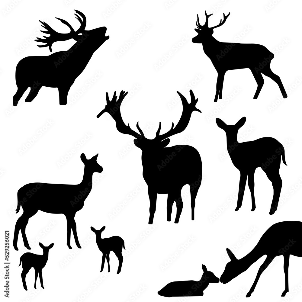 Black silhouette of reindeer with horns, deer isolated on white background. Set. Sticker Cutting plotter. Laser cutting. New Year decoration Black silhouette of reindeer with horns, deer isolated on white background. Set. Sticker Cutting plotter. Laser cutting. New Year decoration