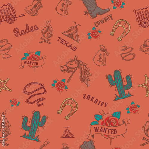 Artwork terracotta background color, seamless design. Wild west, cowboy, country art, seamless pattern design, surface design