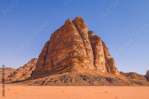 Wadi Rum Desert landscape in Jordan. Dunes and mountains. Travel and tourism concept.