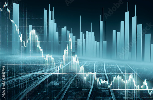 graphic with stock market graph representing downward trend with blue colors and Fototapet