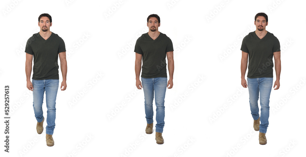 Obraz premium various poses of front view of man same walking on white background