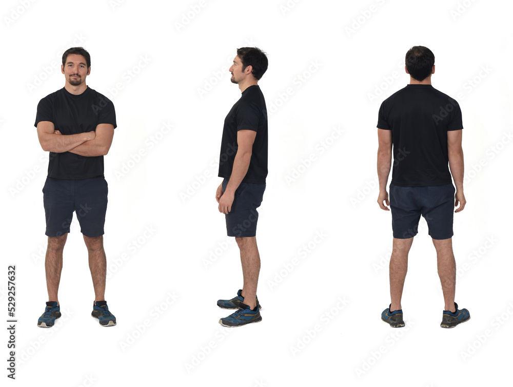 side, back and front view of same man with stportsweare on white background side, back and front view of same man with stportsweare on white background