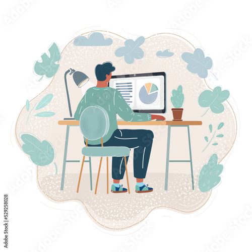Vector illustration of Viewsman working at office desk. Back rear veiw.