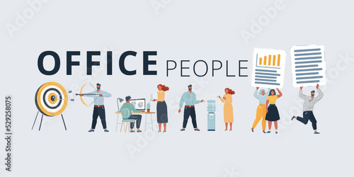 Vector illustration of Concept of office life. Working environment. People talking and working with files, take conversation near water cooler, get the aim. Man and woman on white background.