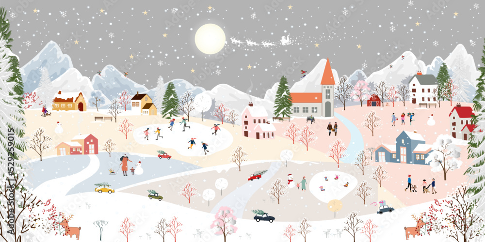 Winter wonderland landscape background at night with people having fun in the city on new year,Christmas day in village with people celebration, kids playing ice skate, teenager skiing on mountain