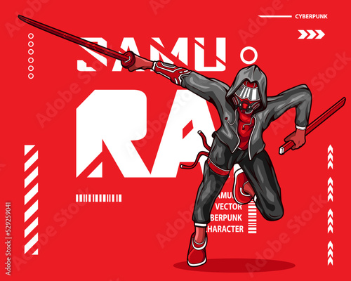 Samurai hero cyberpunk fiction character vector. Colorful t-shirt design illustration. 