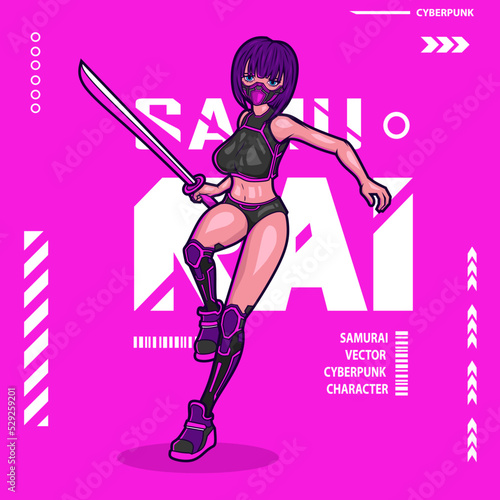 Samurai woman cyberpunk fiction t-shirt colorful design. Abstract vector illustration.