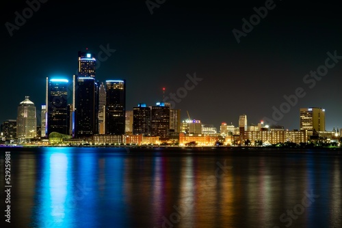 Night Shot of Detroit Skyline with Water reflecting on Detroit River © Steven
