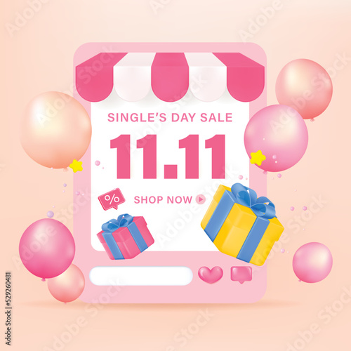 11.11 sale banner template design with balloon for web or social media. 3d render.