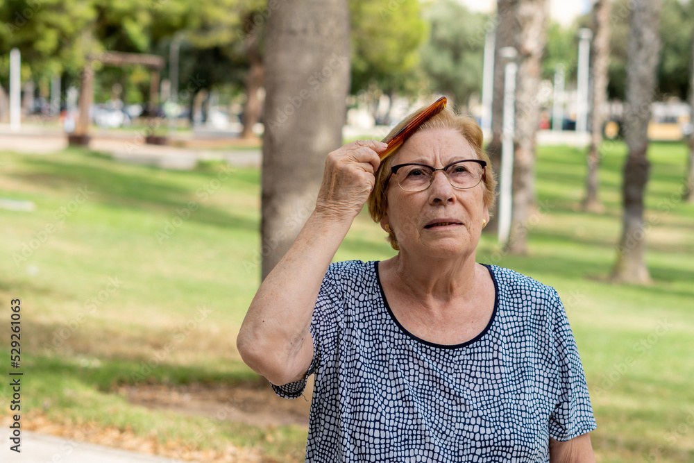 Obraz premium Elderly woman combs her hair in a sunny green park